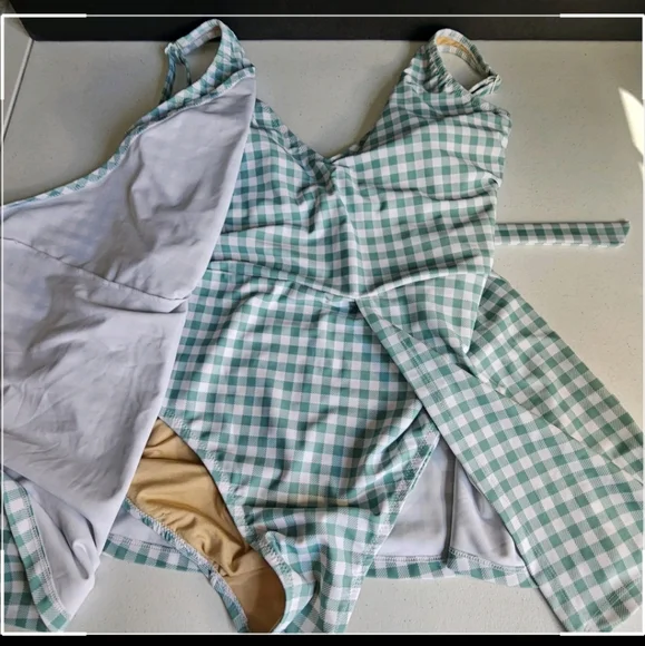 Old Navy Gingham Mini Swim Wrap Dress One High Tide 1 Pc Swimsuit Sz XL EUC - Picture 6 of 16